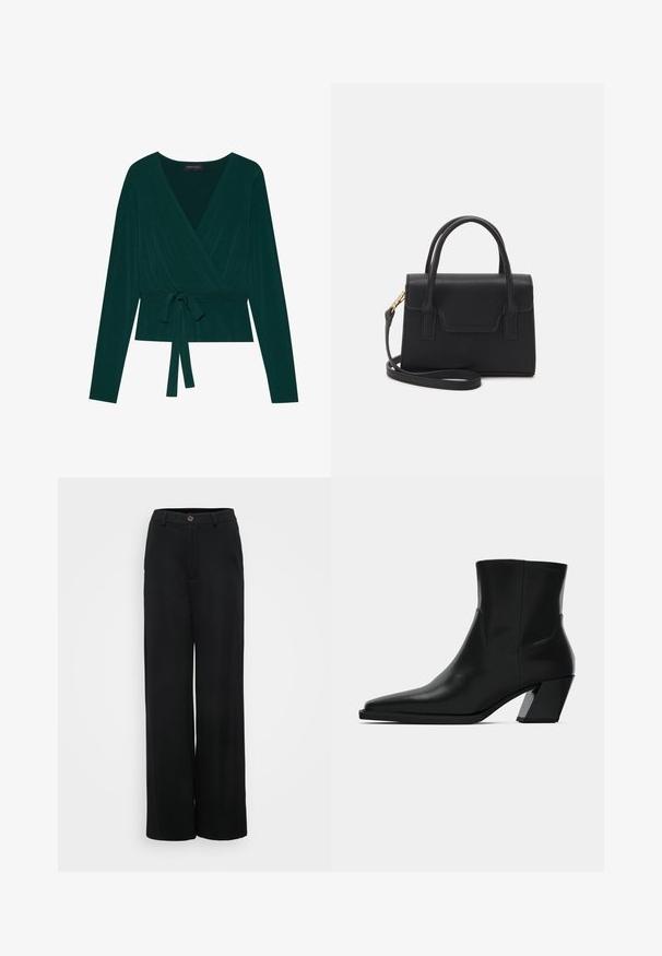 Blusa de color verde oscuro con mangas largas, con un escote en V y cinturón ajustable en la cintura para un ajuste ceñido. Textura suave.; Pantalones negros de pierna ancha con una textura suave, que cuentan con un cierre de botón y bolsillos delanteros. Diseño clásico y versátil, adecuado para diversas ocasiones.; Bota de tobillo de cuero negro con punta afilada, una silueta elegante y un tacón cuadrado grueso. Textura suave con detalles de costura mínimos.; Bolso estructurado negro de cuero con un asa superior, correa de hombro desmontable y un detalle de tapa en la parte frontal. Acentos en dorado.