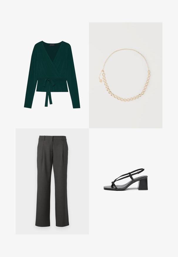 Haut en tissu vert foncé avec de longues manches, présentant un décolleté en V et un lien ajustable à la taille pour un look ajusté. Texture douce.; Pantalons formels gris foncé avec des jambes droites, des passants de ceinture et des plis avant, présentés sur un fond blanc.; Sandales à talons en cuir noir présentant un bout carré, des fines lanières et un talon bloc. Texture lisse avec des accents minimalistes, conçues pour un port facile.; Collier délicat en chaîne d'or avec maillons ovales interconnectés et fermoir ajustable avec un petit pendentif rond.