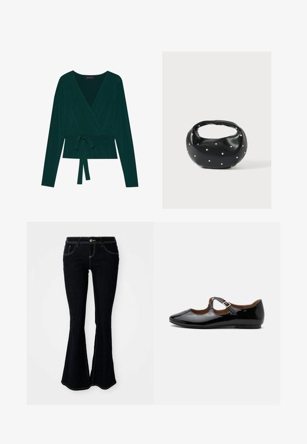 Top in donkergroene stof met lange mouwen, voorzien van een V-hals en een verstelbare strik in de taille voor een figuuraccentuerende look. Zachte textuur.; Flared donkergewassen jeans met een hoge taille, voor- en achterzakken, en contrasterende gele stiksels op de naden.; Zwarte lakleren Mary Jane platte schoen met twee uitsparingen en een gouden gespbandje op een witte achtergrond.; Zwarte leren handtas met een afgeronde vorm, versierd met zilveren studs, en een korte handgreep. Gladde textuur en ritsluiting.