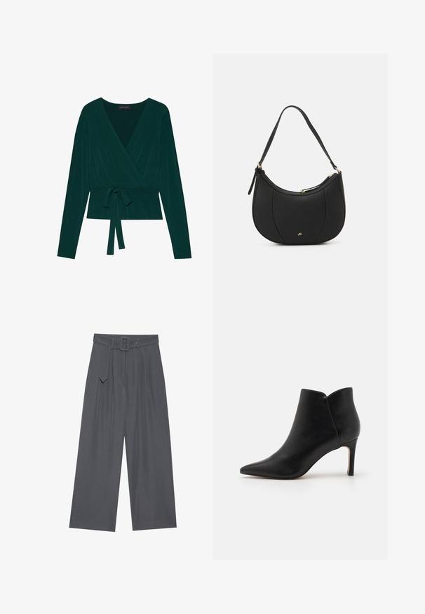Haut en tissu vert foncé avec de longues manches, présentant un décolleté en V et un lien ajustable à la taille pour un look ajusté. Texture douce.; Pantalons larges en tissu gris foncé avec une taille ceinturée, présentant des plis avant et une texture lisse. Aucun motif ou accent supplémentaire.; Bottines en cuir noir avec un bout pointu, un design effilé et un talon aiguille, présentant une ouverture en forme de coquille unique au niveau de la cheville.; Sac à main en cuir noir avec une forme courbée, surface texturée, coutures avant et un logo doré. Il est doté d'une seule sangle ajustable.