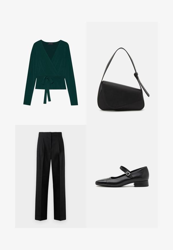 Top i mørkegrønt stof med lange ærmer, der har en V-udskæring og justerbart bånd i taljen for en tætsiddende pasform. Blød tekstur.; Sorte trousers lavet af vævet stof, med et skræddersyet design med plisseringer, lige ben og flad front. Holdbar og glat tekstur.; Sorte læder Mary Jane-sko med en patenttå, justerbar ankelrem og lav blokhæl. Glat tekstur og strømlinet design.; Sort læderhåndtaske med en triangular form, skrå klap og et rundt håndtag. Har en glat overflade og minimalistiske design detaljer.