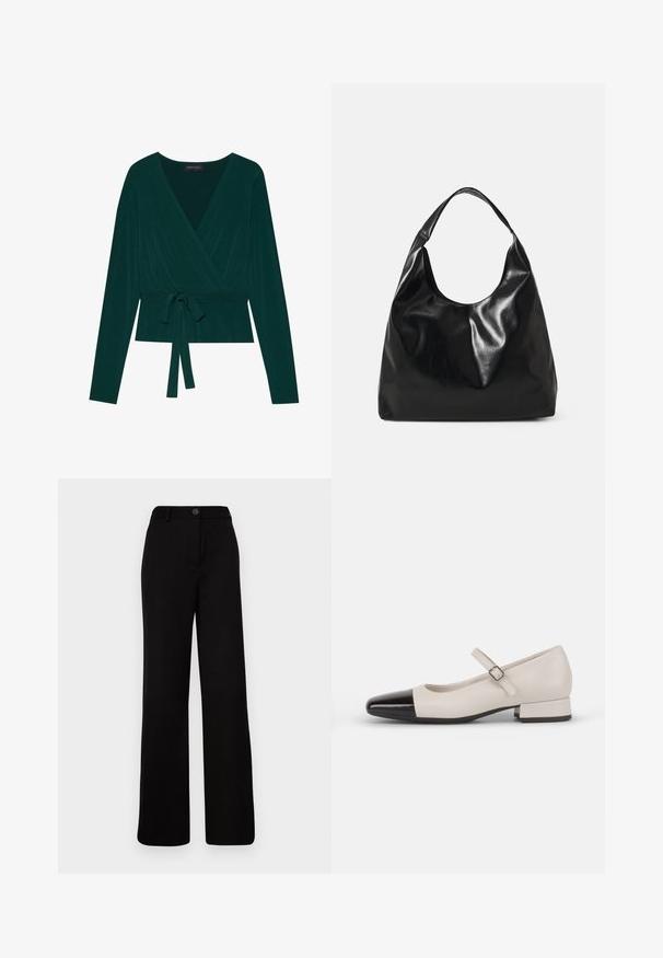 Blusa de color verde oscuro con mangas largas, con un escote en V y cinturón ajustable en la cintura para un ajuste ceñido. Textura suave.; Pantalones de pierna ancha negros con delantero plano, cierre de botón y una cinturilla estructurada. Fabricados en una tela suave con un diseño a medida.; Zapato estilo Mary Jane en cuero crema con puntera de charol negro. Presenta una punta redonda, tirante en el tobillo con una hebilla cuadrada y un tacón bajo y cuadrado.; Bolso hobo de cuero negro con una textura suave y brillante y un diseño de parte superior redondeada y abierta. Cuenta con una amplia correa curvada para llevar. Sin hardware visible.