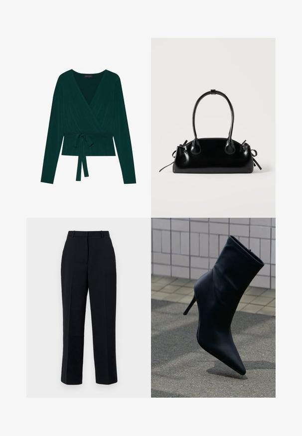 Blusa de color verde oscuro con mangas largas, con un escote en V y cinturón ajustable en la cintura para un ajuste ceñido. Textura suave.; Pantalones negros de corte recto, con una tela suave, detalle de pliegue, trabillas para cinturón y bolsillos laterales. Apta para ocasiones formales.; Bota de cuero negro para el tobillo con puntera puntiaguda y tacón de aguja alto sobre una acera de baldosas y fondo de suelo asfaltado.; Pequeño bolso negro brillante con dos asas largas y detalles de cordón lateral sobre un fondo claro liso.