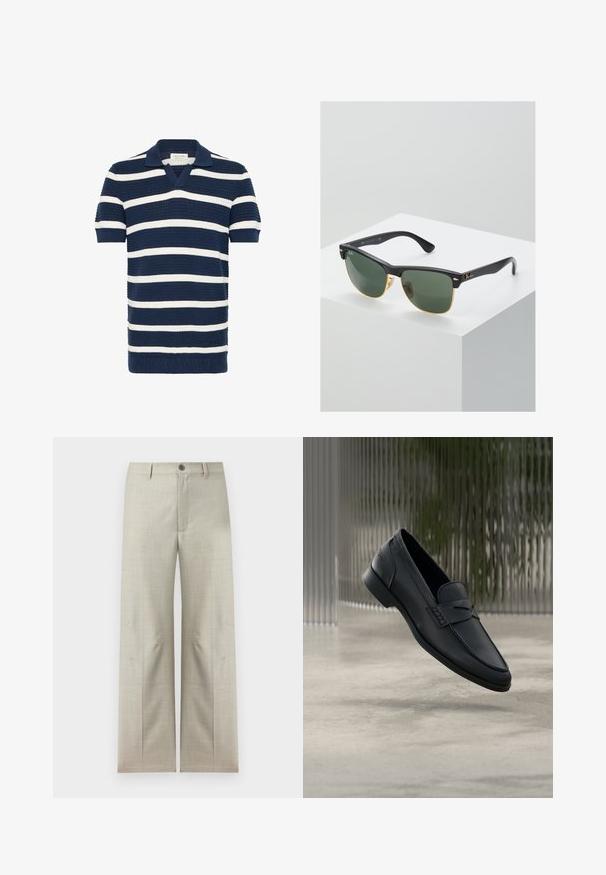 Polo rayé aux couleurs bleu marine et blanc, manches courtes, col en V, motif en maille texturée et ourlet côtelé.; Pantalon formel beige clair à jambes droites, fermeture avec bouton et fermeture éclair, passants pour ceinture, présenté sur un fond blanc.; Mocassin en cuir noir à finition lisse, bout pointu et détails cousus sur le dessus. Talon bas et design minimaliste.; Lunettes de soleil Ray-Ban avec des verres verts, monture en plastique noir et accents dorés sur les bords. Forme carrée avec une finition mate.