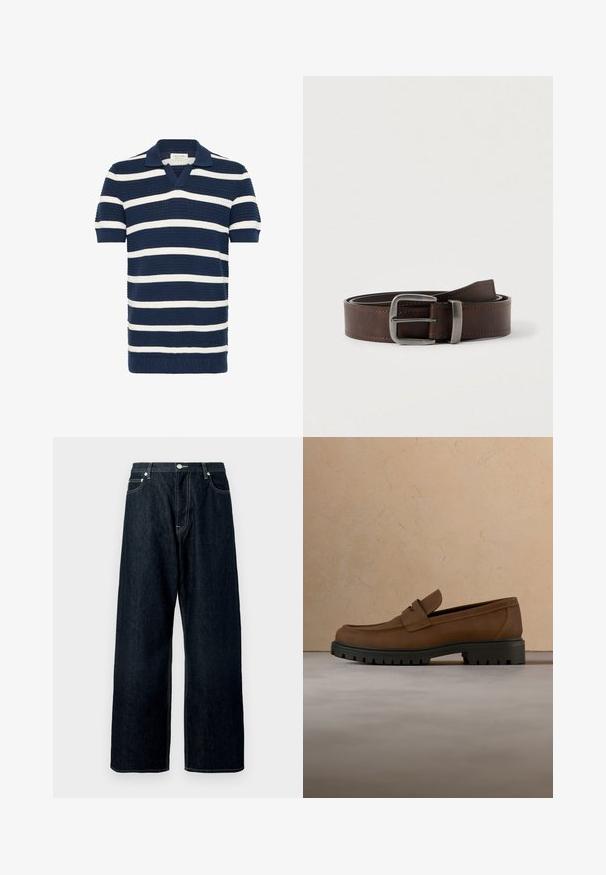 Polo rayé aux couleurs bleu marine et blanc, manches courtes, col en V, motif en maille texturée et ourlet côtelé.; Jean en denim large bleu foncé avec fermeture à boutons et à glissière à l'avant, passants de ceinture et couture visible sur les poches et les coutures.; Mocassin en cuir marron foncé avec semelle épaisse en caoutchouc noir présenté au-dessus d’un tapis beige et d’un canapé en arrière-plan.; Ceinture en cuir marron foncé avec une boucle rectangulaire en argent, enroulée et placée sur un fond clair et neutre.