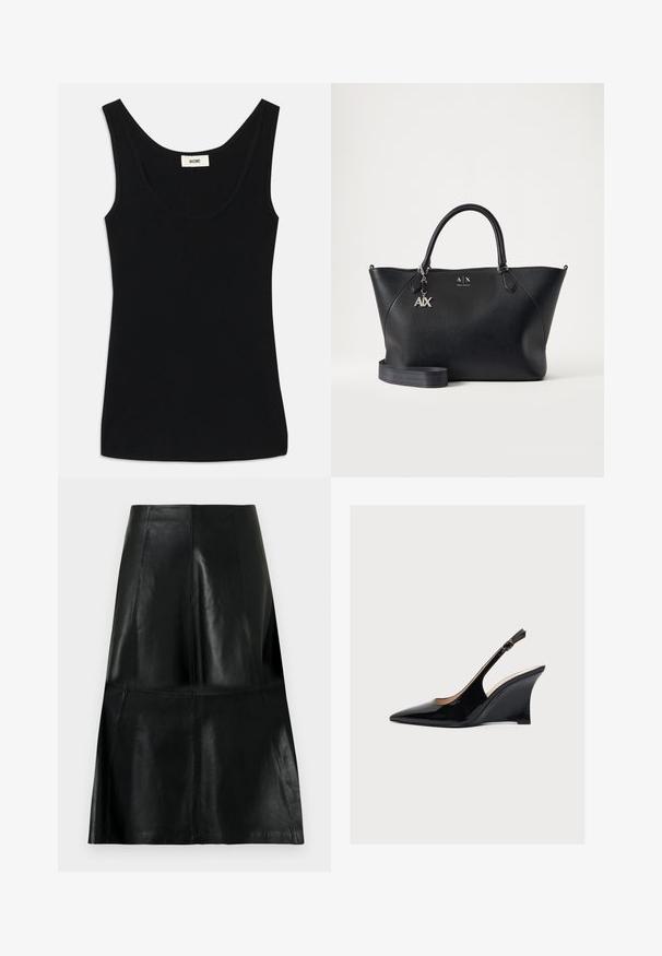 Tirante negro hecho de una tela suave con un escote redondeado y tirantes anchos. Presenta una forma ajustada y un diseño limpio y sin costuras.; Falda de cuero negra hasta la rodilla con costuras de paneles verticales y horizontales, ligeramente acampanada en la parte inferior.; Cuña de tacón con tira trasera en piel charol negra, puntera puntiaguda y hebilla delgada ajustable en el talón.; Bolso de mano de cuero negro de Armani Exchange con dos asas, colgante plateado A|X y correa de hombro desmontable sobre un fondo claro y liso.