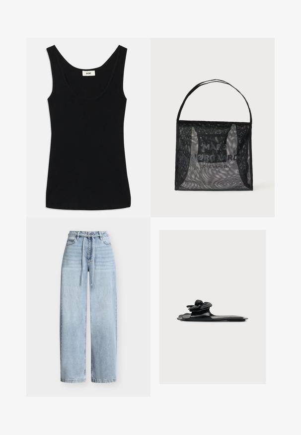 Zwarte tanktop van zacht materiaal met een ronde halslijn en brede schouderbanden. Heeft een getailleerde pasvorm en een schoon, naadloos ontwerp.; Lichtblauwe jeans met hoge taille, wijde pijpen, voorste knopen, ritssluiting, riemlussen, voor- en achterzakken, en een bijpassende denim ceintuur om zelf te knopen.; Zwarte platte sandaal met een groot bloemendetail op het bandje, zijaanzicht tegen een effen witte achtergrond.; Zwarte netwinkel tas met rechthoekige bodem en enkele schouderband, met de tekst "Mads Nørgaard Copenhagen" aan de voorkant.