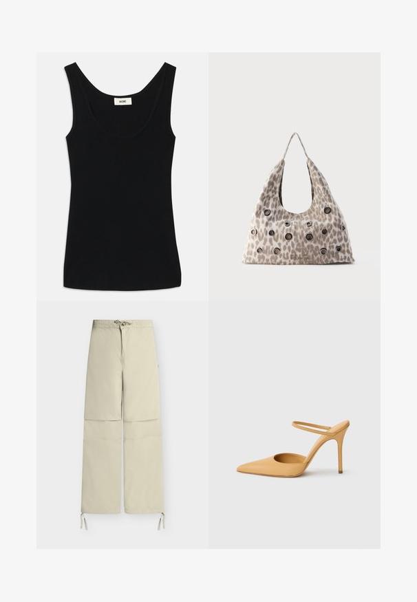Schwarzes Tanktop aus weichem Stoff mit Rundhalsausschnitt und breiten Schulterträgern. Es hat eine taillierte Form und ein sauberes, nahtloses Design.; Beige leichte wandelbare Hosen mit Kordelzugbund, abnehmbaren unteren Beinteilen mit Reißverschluss und verstellbaren Bindebändern an den Knöcheln vor einfarbigem Hintergrund.; Beige spitz zulaufender Stiletto mit dünnem Knöchelriemen auf weißem Hintergrund.; Beige Handtasche mit Leopardenmuster, vorne mit schwarzen Metallösen versehen, und einem einzelnen Tragegriff, vor schlichtem Hintergrund.