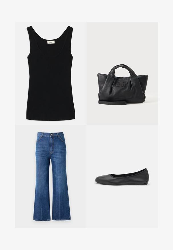 Sorte top lavet af blød stof med en scoop-halsudskæring og brede skulderstropper. Har en tætsiddende silhuet og et rent, sømløst design.; Bredde ben jeans i mørkeblå denim, med høj talje, diskret slidte detaljer og klassisk fem-lomme-design. Syet med kontrasttråd.; Sort læderballetsko med rund tå, glat tekstur, minimal syning og et fleksibelt såldesign.; Sort blødt læderhåndtaske med korte håndtag, en aftagelig rem og et syet logo foran, på en ensfarvet lys baggrund.