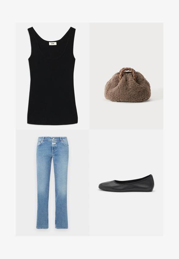 Zwarte tanktop van zacht materiaal met een ronde halslijn en brede schouderbanden. Heeft een getailleerde pasvorm en een schoon, naadloos ontwerp.; Blauwe spijkerbroek met een recht model, middelhoge taille, vijf zakken en subtiele vervaging door de stof.; Zwarte leren ballerina met een ronde neus, gladde textuur, minimale stikdetails en een flexibele zoolontwerp.; Kleine bruine fuzzy handtas met gevlochten leren handvatten op een effen lichte achtergrond.