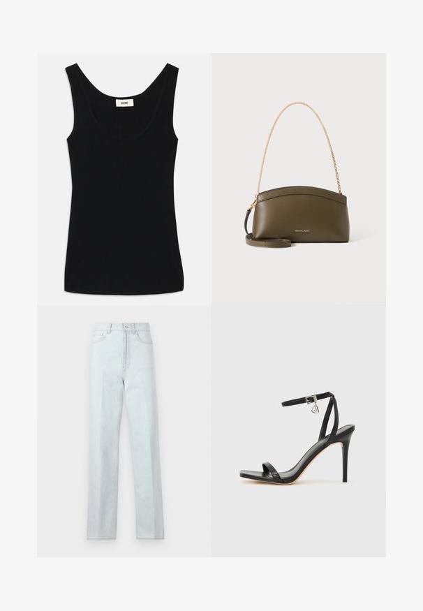 Schwarzes Tanktop aus weichem Stoff mit Rundhalsausschnitt und breiten Schulterträgern. Es hat eine taillierte Form und ein sauberes, nahtloses Design.; Helle blaue Denim-Jeans mit weitem Bein und hoher Taille, ausgestattet mit einem Reißverschluss vorne, Knopfverschluss und klassischem Fünf-Taschen-Design.; Schwarze High-Heel-Sandale mit schmalem Knöchelriemen, quadratischer Zehenbox, glattem Leder und metallischem Schnallenakzent.; Olivgrüne Michael Kors Handtasche mit goldener Kettenschulterriemen, gebogenem oberen Rand und kleinem goldenen Logo auf der Vorderseite, vor weißem Hintergrund.