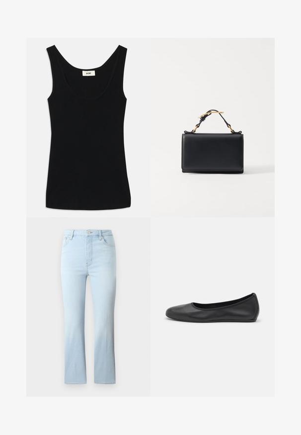 Schwarzes Tanktop aus weichem Stoff mit Rundhalsausschnitt und breiten Schulterträgern. Es hat eine taillierte Form und ein sauberes, nahtloses Design.; FRAME THE REBOOT CROP - Jeans Bootcut - light blue; Schwarze Leder-Ballettschuhe mit abgerundeter Spitze, glatter Textur, minimalen Nähdetails und einem flexiblen Sohlen-Design.; Schwarze Lederhandtasche mit rechteckiger Form, ausgestattet mit einem oberen Griff und goldfarbenen Hardware-Akzenten. Glatte Textur, minimalistisches Design.