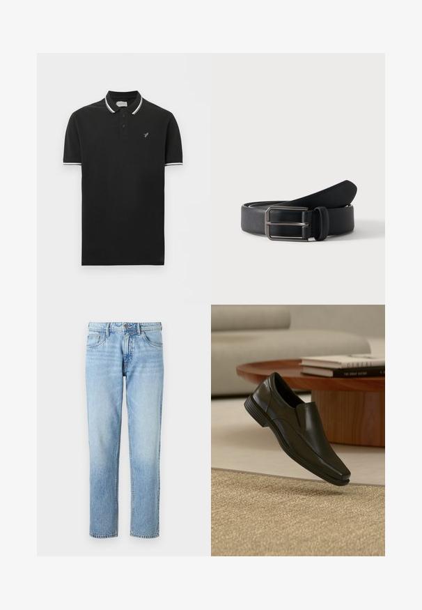 Polo noir à manches courtes avec bordure blanche sur le col et les manches, patte de boutonnage à deux boutons, et petit logo gris d'oiseau sur la poitrine gauche.; Jean en denim bleu clair avec une coupe droite, design à cinq poches, texture délavée et une fermeture à bouton et zip classique.; Chaussure habillée noire en cuir sans lacets flottant au-dessus d'un tapis beige tissé, avec une table basse ronde en bois et des livres empilés en arrière-plan.; Ceinture en cuir noir roulée avec une boucle métallique argentée rectangulaire sur un fond clair uni.