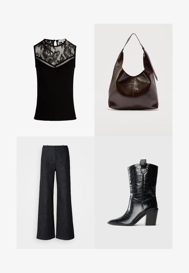Top sans manches noir avec un empiècement en dentelle et un panneau en maille, texture côtelée, détail en forme de serrure au dos, et une coupe ajustée.; Pantalon en denim noir à jambes larges avec une finition texturée, doté de passants pour ceinture et d'un ourlet net. Design classique, adapté à diverses occasions.; Botte western noire midi avec bouts pointus, talon carré, et texture en cuir verni gaufré crocodile sur fond blanc.; Sac à bandoulière en cuir marron foncé brillant avec une seule large sangle et un détail de boucle sur un côté, posé sur un fond clair uni.