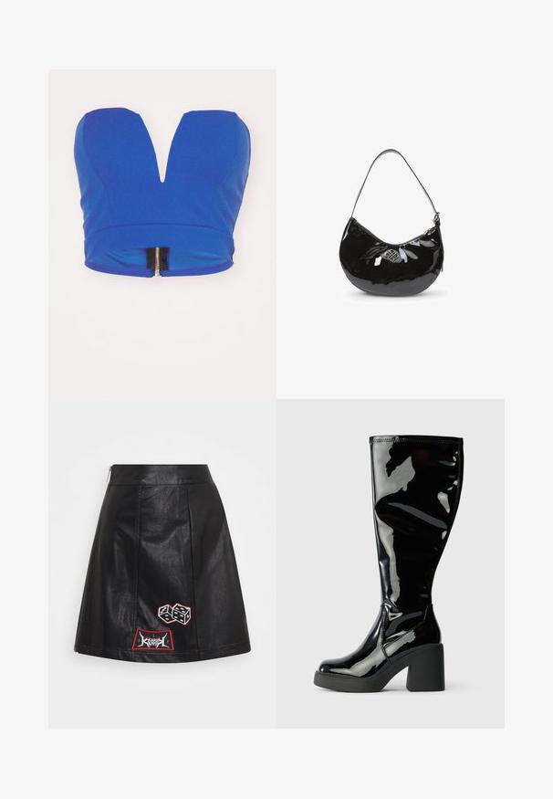 Sinine lühike top, millel on sügav V-kujuline lõige, tagaküljel lukuga ja sujuv, veniv kangas.; Karl Kani PATCHED SKIRT - A-lõikeline seelik - black; Säärte kohale ulatuvad mustad lakknahast saapad, millel on siledat ja läikivat pinda, ruudukujulised varbad ja jämedad mustad kontsad. Ääristamisdetailid külgedel.; Must mustrisest must nahk segu must vorm must, üks õla rihm, luku sulgemine ja dekoratiivne metallist logo. Sujuv tekstuur.