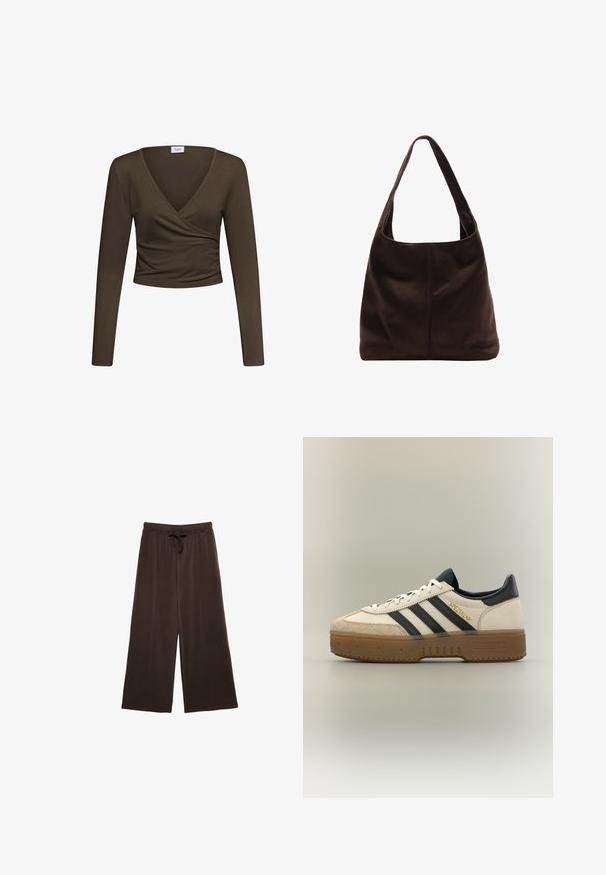 Haut court à manches longues marron foncé avec col en V style cache-cœur et légère fronce à la taille, présenté sur fond blanc uni.; Pantalons larges marron avec un waistband à cordon. Fabriqués en tissu doux, avec des coutures verticales à l'avant pour un détail supplémentaire.; Baskets blanches Adidas avec bandes noires, bout en daim beige, semelle marron et "SPEZIAL" en lettres dorées sur le côté.; Sac à épaule en suède marron avec une large bandoulière plate. Design doux et non structuré avec une couture centrale. Pas de matériel ou d'ornements visibles.