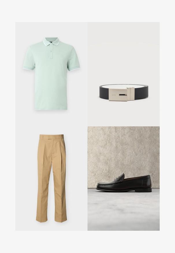 Polo vert clair à manches courtes avec deux boutons, bord blanc sur le col et les poignets, et petit logo carré sur la poitrine gauche.; Pantalon beige en coton lisse à taille haute, avec des plis à l'avant et des jambes droites. Aucun équipement visible ni motifs.; Mocassin penny en cuir noir avec talon bas, bout arrondi et détails cousus à l'avant et sur les côtés, présenté sur un fond neutre.; Ceinture en cuir noir avec boucle rectangulaire argentée gravée "BOSS", roulée en cercle sur un fond clair uni.