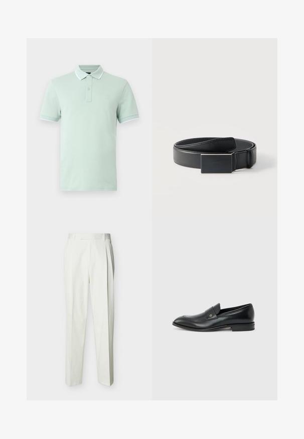Polo vert clair à manches courtes avec deux boutons, bord blanc sur le col et les poignets, et petit logo carré sur la poitrine gauche.; Pantalon blanc ajusté taille haute avec passants de ceinture et plis sur le devant, présenté sur un fond uni.; Mocassin pour hommes en cuir noir avec talon bas, bout arrondi et petit logo métallique sur la bride, présenté en profil latéral sur un fond uni.; Ceinture en cuir noir enroulée avec une boucle noire mate rectangulaire et un logo embossé discret sur fond blanc.