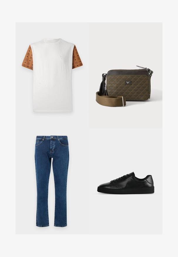 T-shirt met korte mouwen met een witte body en gemusterde bruine mouwen met een herhalend ontwerp in het zwart. Gedetailleerd logo op de borst.; Donkerblauwe denim jeans met een rechte pijp, vijf zakken en een metalen knoop in de taille. Gladde textuur met minimale vervaging.; Zwart leren sneaker met lage schacht, veters aan de voorkant en een getextureerde platte zool, zijaanzicht op een neutrale achtergrond.; Kleine rechthoekige bruine crossbodytas met patroonstructuur, frontlogo-patch, ritssluiting en brede verstelbare riem.