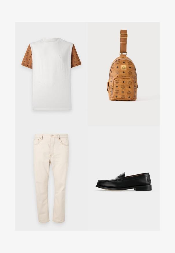 T-shirt met korte mouwen met een witte body en gemusterde bruine mouwen met een herhalend ontwerp in het zwart. Gedetailleerd logo op de borst.; Beige denim jeans met een rechte pijp, voorzien van vijf zakken, contrasterende stiksels en een knoopsluiting bij de taille.; Zwarte leren herenloafer met een lage hak en mocassinstiksels op de teen, zijaanzicht op een effen achtergrond.; Kleine lichtbruine leren crossbodytas met verstelbare schouderriem, voorvak met rits en herhalend zwart MCM-logo patroon.