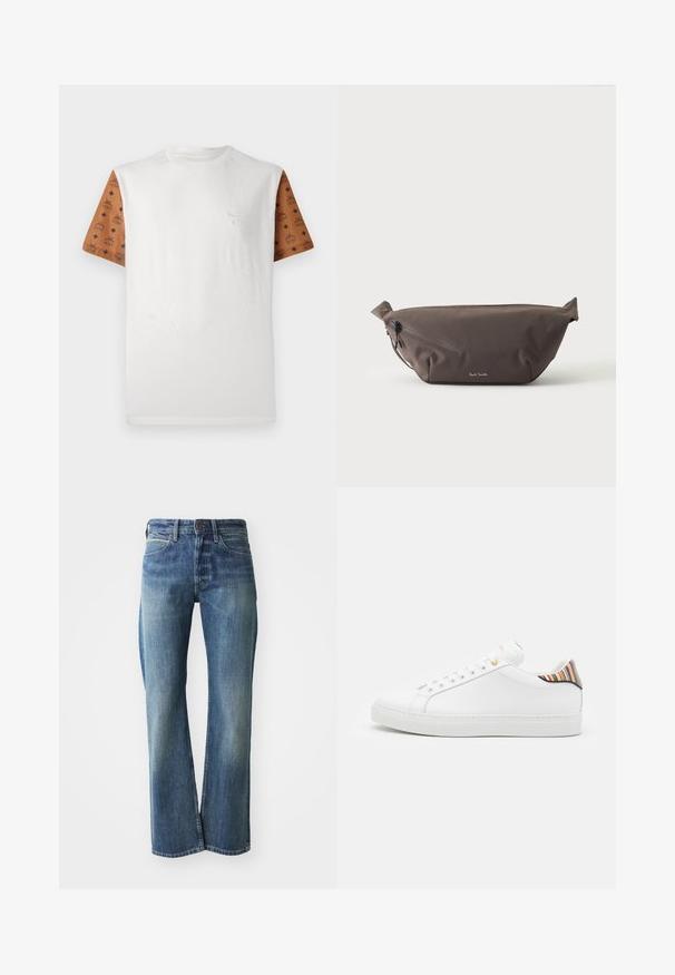 T-shirt à manches courtes avec un corps blanc et des manches marron à motif présentant un design répétitif en noir. Logo détaillé sur la poitrine.; Jeans en denim de couleur bleu clair à moyen, coupe droite, design classique à cinq poches et décoloration subtile à l'avant.; Baskets en cuir blanc avec une finition lisse, présentant un accent rayé coloré au niveau du talon, des œillets dorés et une semelle blanche plate.; Sac banane en tissu marron foncé avec poche zippée en diagonale et petit logo blanc sur le devant, sur un fond clair uni.