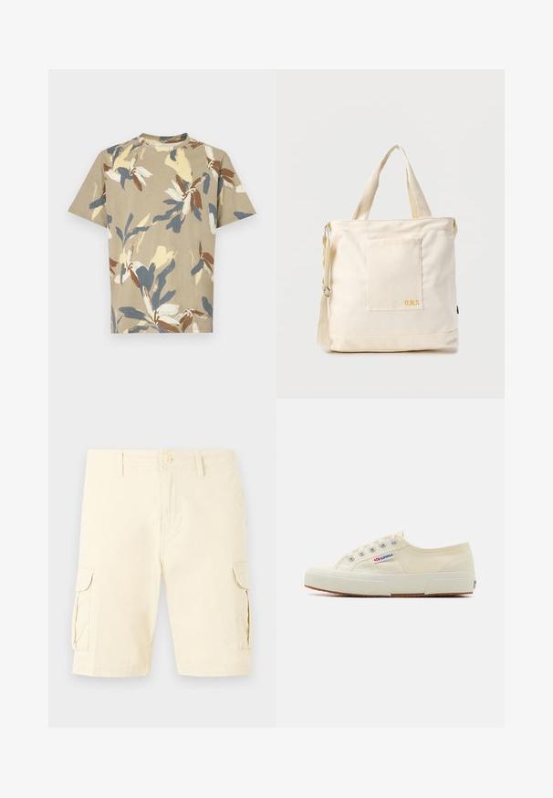 Kurzärmliges, Rundhalsausschnitt-T-Shirt in Beige mit mehrfarbigem Blumenmuster in Blau, Gelb und Braun. Weicher Stoff mit lässiger Passform.; Beige knielange Cargoshorts mit Knopf- und Reißverschluss, Gürtelschlaufen und Klappentaschen auf beiden Seiten.; Beige Leinen-Sneaker mit niedrigem Profil, Metallösen und Gummisohle. Mit einem strukturierten Muster und einem Logodetail an der Seite.; Beige Canvas-Shopper mit Fronttasche, zwei Griffen, verstellbarem Schulterriemen und kleinem gelbem "O.N.S"-Text unten rechts auf der Tasche.
