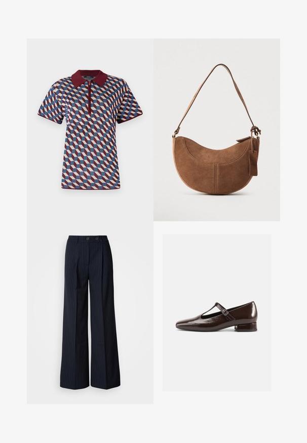 Polo à manches courtes avec un motif géométrique en bordeaux, bleu et crème, doté d'une fermeture éclair à l'avant et d'un col côtelé.; Pantalon large à rayures marines avec deux boutons sur le devant, design ajusté, pli à l'avant et texture lisse.; Chaussures Mary Jane en cuir verni marron avec un bout arrondi, un design ajouré et une bride réglable. Talon bas bloc.; Sac à main en daim marron de forme courbée en demi-lune. Il est doté d'une bandoulière, d'une petite étiquette et de coutures visibles le long des bords.