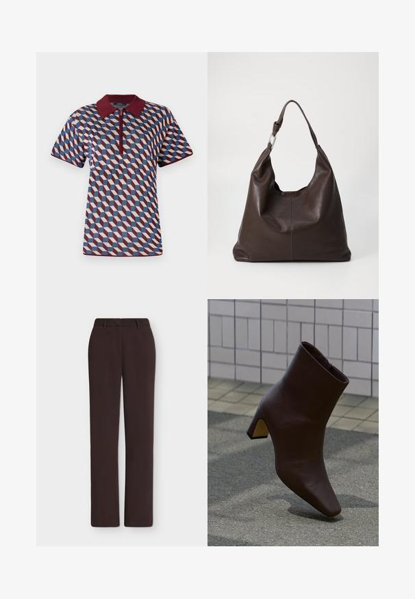 Polo à manches courtes avec un motif géométrique en bordeaux, bleu et crème, doté d'une fermeture éclair à l'avant et d'un col côtelé.; Pantalon droit marron foncé avec passants de ceinture, braguette devant et poches latérales, présenté sur un fond blanc uni.; Bottine en cuir marron foncé à talon bloc, posée sur un pavement texturé, mur carrelé clair en arrière-plan.; Zign by Zalando LEATHER - Cabas - chocolate brown