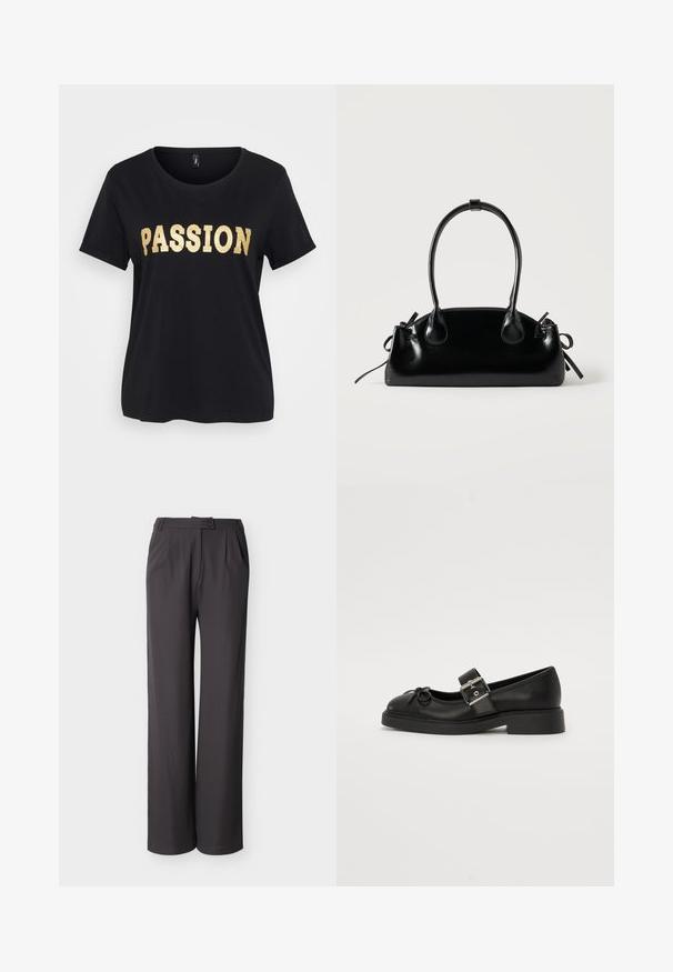 Zwarte katoenen T-shirt met korte mouwen en een ronde halslijn. Bevat gouden glinsterende tekst "PASSION" over de voorkant.; Donkergrijze, wijde broek met hoge taille, voorplooien, zijzakken, riemlussen en een knoopsluiting bij de tailleband.; Zwarte leren Mary Jane-schoen met een ronde neus, enkelband en details met zilveren gesp. Heeft een platte, chunkyzool en een strikaccent.; Kleine zwarte glanzende handtas met twee lange hengsels en zijkant trekkoord details op een effen lichte achtergrond.
