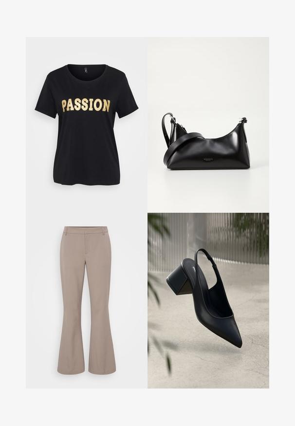 Čierne bavlnené tričko s krátkymi rukávmi a okrúhlym výstrihom. Na prednej strane sa nachádza zlatý trblietavý nápis "PASSION".; Gina Tricot Tall RELAXED TROUSERS - Nohavice - taupe; Čierne kožené sandále na podpätku so špicatou špičkou a blokovým podpätkom. Hladká textura, minimalistický dizajn a nastaviteľný remienok okolo členka.; Čierna kožená kabelka s hladkou textúrou. Obsahuje nastaviteľný popruh a elegantný, minimalistický dizajn so zipsovým uzatvorením.