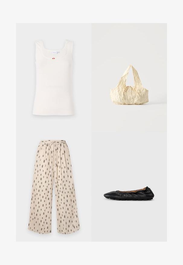 Débardeur blanc en côte avec un décolleté carré et des bretelles fines. Présente un petit accent floral au centre de la poitrine.; Pantalons larges beige avec une taille à nouer, ornés d'un motif de losanges noirs. Fabriqués dans un tissu léger pour plus de confort.; Ballerines en cuir noir avec des détails froncés au col, bout rond et semelle en caoutchouc flexible. Texture lisse dans l'ensemble.; Sac à main en tissu texturé couleur crème avec des anses sur le dessus et un petit nœud noué au centre devant.