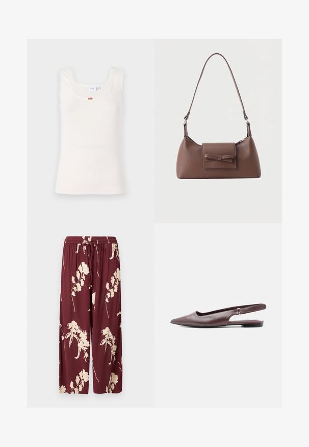 Débardeur blanc en côte avec un décolleté carré et des bretelles fines. Présente un petit accent floral au centre de la poitrine.; Pantalons larges bordeaux en tissu léger ornés d'un motif floral crème, avec une taille élastique à cordon de serrage et deux poches latérales.; Chaussure plate burgundy à bout pointu avec bride arrière, petit talon et sangle ajustable sur fond blanc.; Sac à bandoulière en cuir marron avec une poche à rabat avant ornée d'un détail en forme de nœud cousu et une sangle réglable.