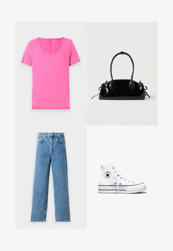 Camiseta de algodón rosa con escote redondeado y mangas cortas. Presenta una textura suave y un corte recto, adecuada para un uso casual.; Pantalones vaqueros de pierna recta de color azul claro, confeccionados en denim, con cintura alta, cierre frontal de botón y diseño de cinco bolsillos con costuras visibles.; Zapatilla blanca de caña alta Converse Chuck Taylor All Star con parche de logo negro y cordones blancos, presentada sobre fondo blanco.; Pequeño bolso negro brillante con dos asas largas y detalles de cordón lateral sobre un fondo claro liso.