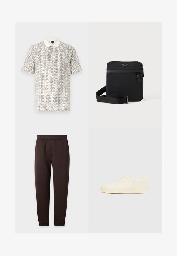 Polo blanc à manches courtes pour homme avec un petit motif géométrique noir et un col blanc uni, présenté sur un fond uni.; Pantalon de jogging slim marron foncé avec taille élastique et chevilles bordées, détail de couture avant sur fond uni.; Baskets couleur crème avec une tige en cuir lisse, bout arrondi, laçage à l'avant et semelle en caoutchouc texturée. Design minimaliste, sans logo.; Sac bandoulière carré noir avec fermeture éclair, poche avant et sangle réglable avec nom de marque embossé.