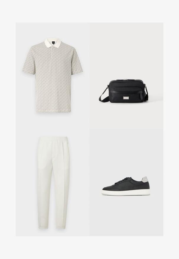 Polo blanc à manches courtes pour homme avec un petit motif géométrique noir et un col blanc uni, présenté sur un fond uni.; Pantalon blanc coupe slim avec une taille élastique, doté de deux poches latérales et d'une texture lisse légèrement brillante.; Baskets basses noires avec semelle blanche et languette grise au talon, vue de profil sur un fond blanc uni.; Sac bandoulière rectangulaire noir avec poche avant zippée, sangle réglable et plaque logo rectangulaire argentée sur fond uni.