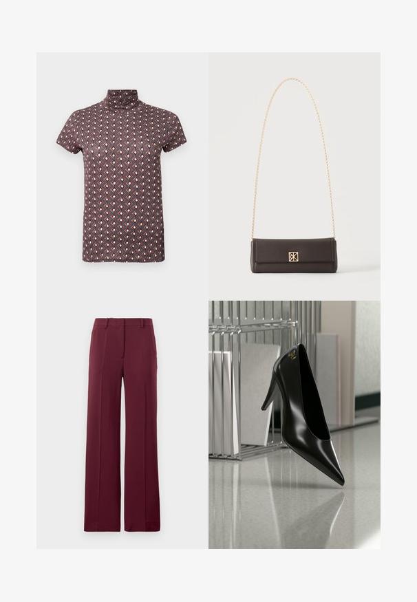 Haut à manches courtes et col montant, de couleur violet foncé avec un motif géométrique rouge et crème. Tissu léger avec une texture lisse.; Pantalon large bordeaux en tissu lisse, avec un devant plat, des passants de ceinture et une coupe ajustée avec des plis.; Chaussure noire à talon haut avec bout pointu et logo doré, posée sur une surface réfléchissante près d'un organiseur de dossiers en fil chromé contenant des documents.; Sac à main rectangulaire en cuir marron foncé avec une bandoulière chaîne dorée et une petite fermeture carrée dorée au centre avant.
