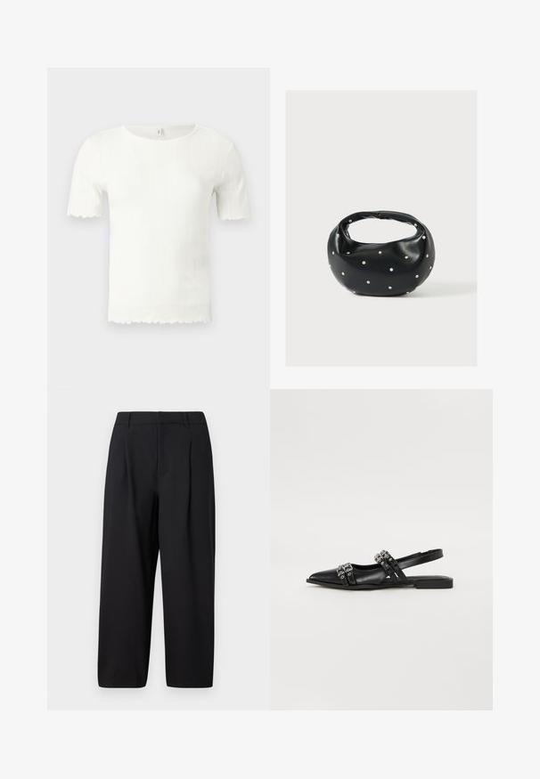 Haut blanc à manches courtes en tricot côtelé avec bords festonnés aux manches et à l'ourlet, doté d'un col rond.; Pantalon noir avec une coupe décontractée, devant plissé, taille plate et texture lisse. Coupé à une longueur raccourcie, adapté pour un usage formel ou décontracté.; Even&Odd by Zalando Ballerines à brides arrière - black; Sac à main en cuir noir de forme arrondie, décoré de clous argentés et équipé d'une poignée courte. Texture lisse et fermeture éclair.