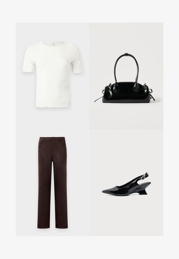 Haut blanc à manches courtes en tricot côtelé avec bords festonnés aux manches et à l'ourlet, doté d'un col rond.; Pantalons en suède marron foncé à jambes droites avec fermeture à bouton et zip à l'avant, passants de ceinture et poches latérales.; Chaussure slingback en cuir verni noir avec bout pointu et petit talon bloc incliné sur fond clair uni.; Petit sac à main noir brillant avec deux longues anses et des détails à cordon sur les côtés sur un fond clair uni.