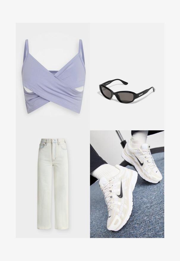 Even&Odd by Zalando Μπλούζα - lilac; Τζιν με ψηλή μέση και ίσια γραμμή σε ανοιχτό μπλε χρώμα, με κουμπί μπροστά, φερμουάρ και πεντάτσεπη σχεδίαση.; Λευκά και μπεζ Nike αθλητικά παπούτσια με πλέγμα στην επάνω πλευρά, ανάγλυφη επικάλυψη, μαύρο σήμα swoosh και μαλακή σόλα με αντιολισθητική επιφάνεια.; Μαύρα γυαλιά ηλίου με ορθογώνιο σκελετό, σκούρους φακούς, λεία πλαστική υφή και μεταλλική λεπτομέρεια στο βραχίονα.