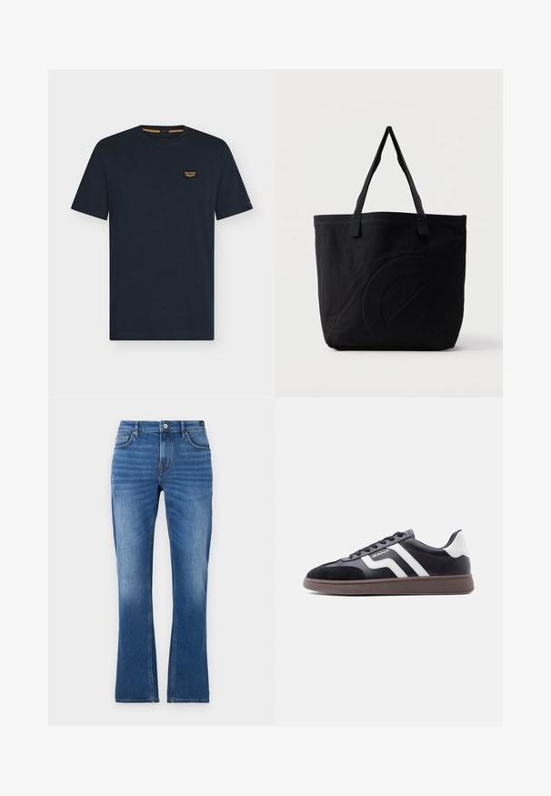 Donkerblauw T-shirt met korte mouwen en ronde hals met een klein rechthoekig logoplaatje op de linkerborst.; Jeans met uitlopende pijpen in medium blauw. Heeft een vijfzakkenontwerp, stikselaccenten, een knoopsluiting en een licht vervaagde textuur op de benen.; Zwarte sneakers van suède en synthetisch materiaal, met witte diagonale strepen en een bruine textuurzool. Voorzien van een veterontwerp en een gevoerde kraag.; Zwarte canvas tas met twee schouderbanden en een subtiel, ingebosseleerd cirkelvormig ontwerp aan de voorkant.
