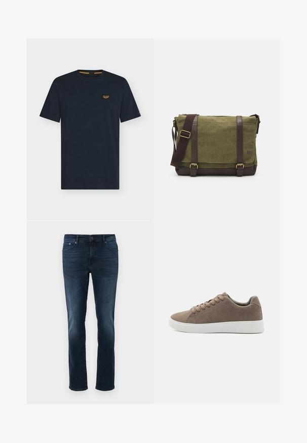 Donkerblauw T-shirt met korte mouwen en ronde hals met een klein rechthoekig logoplaatje op de linkerborst.; Donkerblauwe denim jeans met een rechte snit, middelhoge taille, vijf zakken en stikdetails. Glad oppervlak met licht vervaagde accenten.; Bruine suède sneakers met platte witte rubberen zolen, vetersluiting, ronde neus en een gladde textuur. Minimalistische stijl met subtiele stikdetails.; Groene stoffen schoudertas met bruine leren accenten, een voorflap, een verstelbare schouderriem en een ritssluiting aan de bovenkant. Voorzien van gouden hardware.
