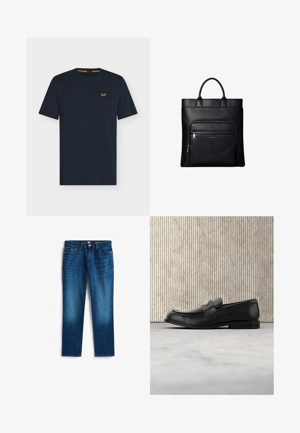 Donkerblauw T-shirt met korte mouwen en ronde hals met een klein rechthoekig logoplaatje op de linkerborst.; Slim-fit blauwe denim jeans met een vervaagde wassing, vijf zakken, knoopsluiting en een logopatch op de tailleband.; Zwarte leren loafer met een metalen merktekenplaatje, rustend bij een bruine ronde tafel op een beige tapijtvloer.; Zwarte leren tote bag met bovenhandvatten en een voorvak met ritssluiting met een klein Calvin Klein-logo op het vak.