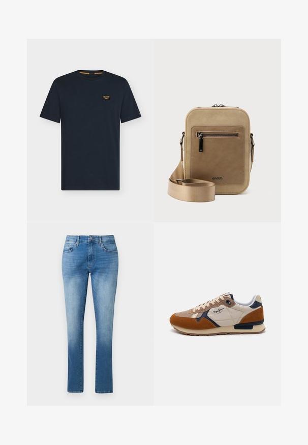 Donkerblauw T-shirt met korte mouwen en ronde hals met een klein rechthoekig logoplaatje op de linkerborst.; Blauwe jeans met rechte pijpen, mid-rise taille, knoop- en ritssluiting en klassiek ontwerp met vijf zakken.; Sneakers met een mix van tan suede, crème leer en marineblauwe accenten. Vetersluiting met een rubberen zool en een geperforeerd logo aan de zijkant.; Kleine beige crossbodytas met een voorvak met ritssluiting, metalen ALDO-logo, verstelbare brede band en afgeronde rechthoekige vorm op een witte achtergrond.