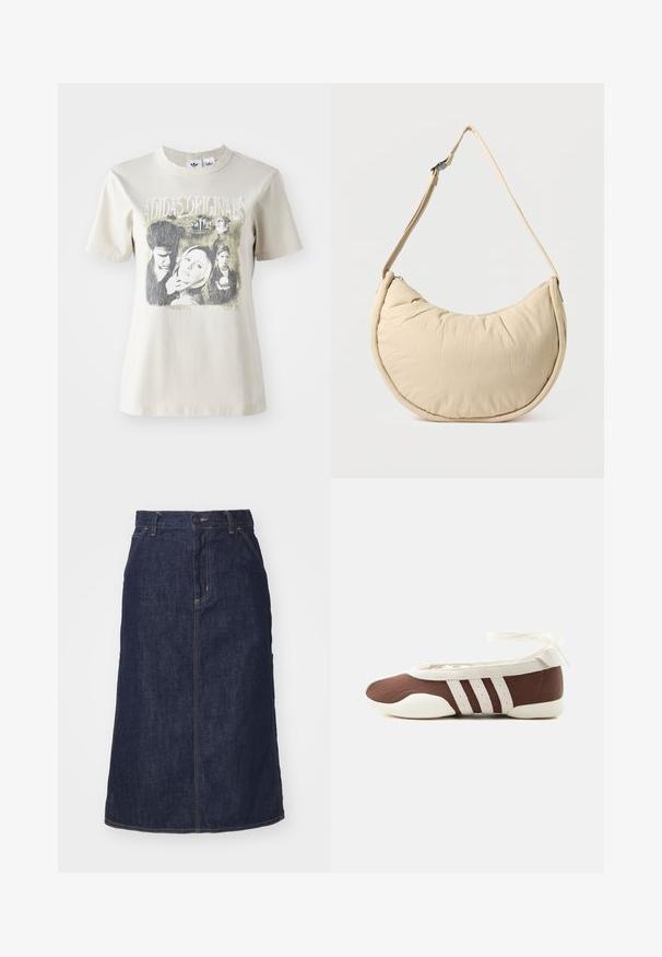 Beige bomulds t-shirt med rund hals. Har et grafisk print med karakterer og tekst fra "Buffy" i sort og grå nuancer.; Mørk denimnederdel med høj talje, lige skæring, forlommer og stikninger. Har lynlås og knaplukning i taljen.; Brun og hvid balletflad sko med tre hvide striber og ankelbånds sløjfe på en ensartet lys baggrund.; Beige skuldertaske i halvmåneform med en blød, polstret overflade. Har justerbar rem og lynlås langs den øverste kant.