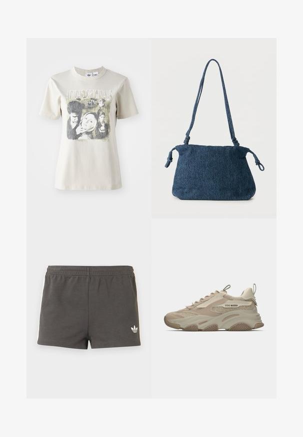 Beige katoenen t-shirt met een ronde hals. Voorzien van een grafische print met personages en tekst uit "Buffy", in zwart en grijstinten.; Donkergrijze sportshorts met een elastische tailleband, wit Adidas-logo rechtsonder en witte strepen langs de zijkanten.; Beige sneaker met mesh en suède overlays, opvallende dempingszool, textuuraccenten en een logo aan de zijkant.; Donkerblauwe spijkerstof schoudertas met knoopdetails aan de band en een eenvoudig rechthoekig ontwerp tegen een witte achtergrond.