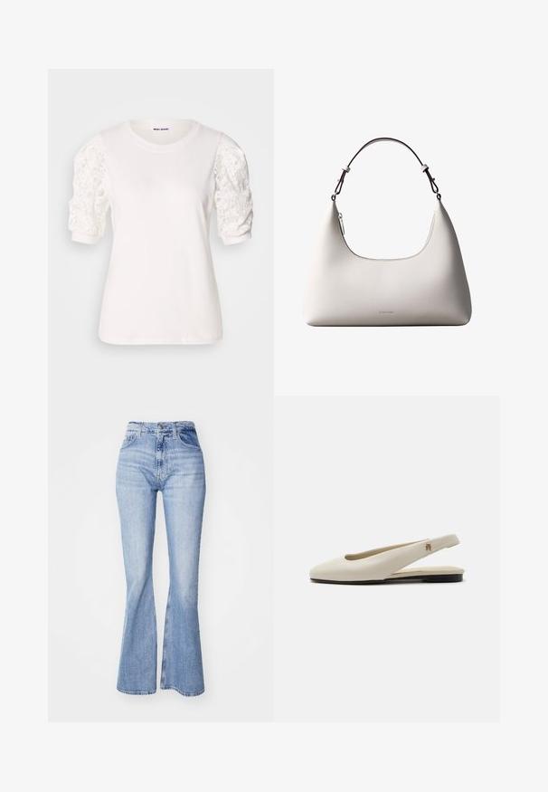 T-shirt blanc avec des manches courtes et bouffantes en dentelle. Encolure ronde, texture douce et coupe légèrement ample. Étiquette de marque visible à l'intérieur.; Jean flare bleu clair en denim, avec taille haute, design à cinq poches et légères décolorations le long des jambes.; Chaussure plate slingback en cuir couleur crème avec un bout arrondi et un petit emblème doré sur la bride.; Sac à bandoulière en cuir couleur crème de Calvin Klein avec bord supérieur incurvé, fermeture éclair argentée et sangle ajustable brun foncé.