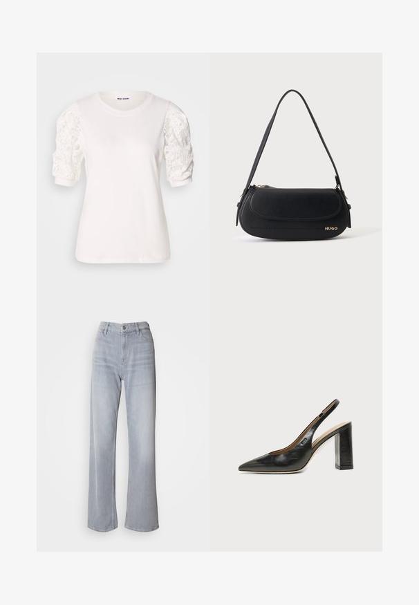 Camiseta blanca de manga corta y abullonada hecha de encaje. Cuello redondo, textura suave y un ajuste ligeramente holgado. Etiqueta de la marca visible en el interior.; Jeans de pernera ancha en gris claro, con cintura alta, hechos de denim. Presentan bolsillos frontales, cremallera y un leve desvanecimiento por toda la prenda.; Zapato slingback de piel negra con puntera puntiaguda, tacón alto y ancho, y forro interior beige sobre un fondo claro y liso.; Bolso de hombro de cuero negro con solapa curva, logo dorado "HUGO" en el frente y una correa ajustable.