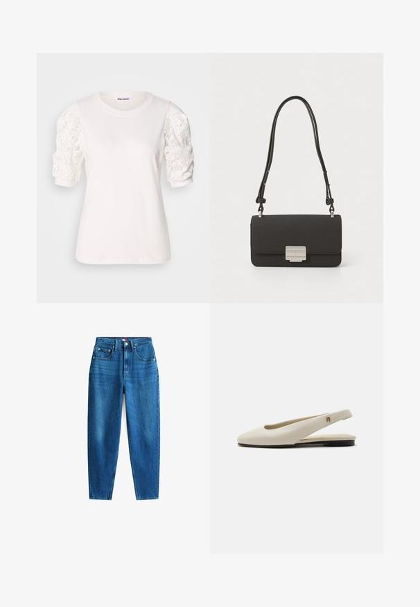 Camiseta blanca de manga corta y abullonada hecha de encaje. Cuello redondo, textura suave y un ajuste ligeramente holgado. Etiqueta de la marca visible en el interior.; Jeans de mezclilla azul con un diseño de pierna recta, cinco bolsillos, cierre de botón y cremallera, y un ligero desgaste que añade variación de textura.; Zapato plano slingback de cuero color crema con puntera redondeada y pequeño emblema dorado en la correa.; Bolso de mano de cuero negro con un acabado texturizado, en forma rectangular, con herrajes plateados y una correa doble desmontable. Presenta un cierre frontal de broche.