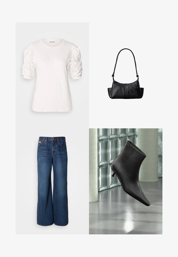 T-shirt blanc avec des manches courtes et bouffantes en dentelle. Encolure ronde, texture douce et coupe légèrement ample. Étiquette de marque visible à l'intérieur.; Jean large en denim bleu foncé. Les caractéristiques incluent une taille haute, cinq poches et des coutures contrastantes orange le long des coutures.; Bottine en cuir noir avec bout pointu et petit talon, présentée devant un mur en blocs de verre et un sol poli.; Sac à bandoulière en cuir noir avec une longue sangle, des poches latérales et le logo Calvin Klein embossé sur le devant.