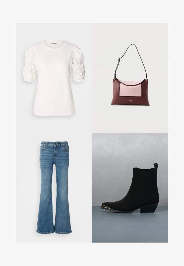 T-shirt blanc avec des manches courtes et bouffantes en dentelle. Encolure ronde, texture douce et coupe légèrement ample. Étiquette de marque visible à l'intérieur.; Jean évasé bleu clair en denim, doté de cinq poches, de coutures visibles, et d'une fermeture à bouton et à zip à la taille.; Bottine noire avec des côtés texturés, bout pointu et un petit talon. Présente un accent doré avec "GUESS" sur le talon. Posée sur une surface en carrelage à motifs.; Sac à bandoulière rectangulaire en cuir bordeaux avec une poche avant rose pâle et une sangle noire réglable.